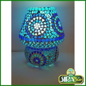 Lampada da tavolo in vetro mosaicata blu e azzurra lavorata a mano