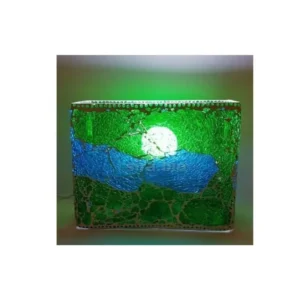 Lampada da tavolo in vetro mosaicata craquelè blu e verde lavorata a mano